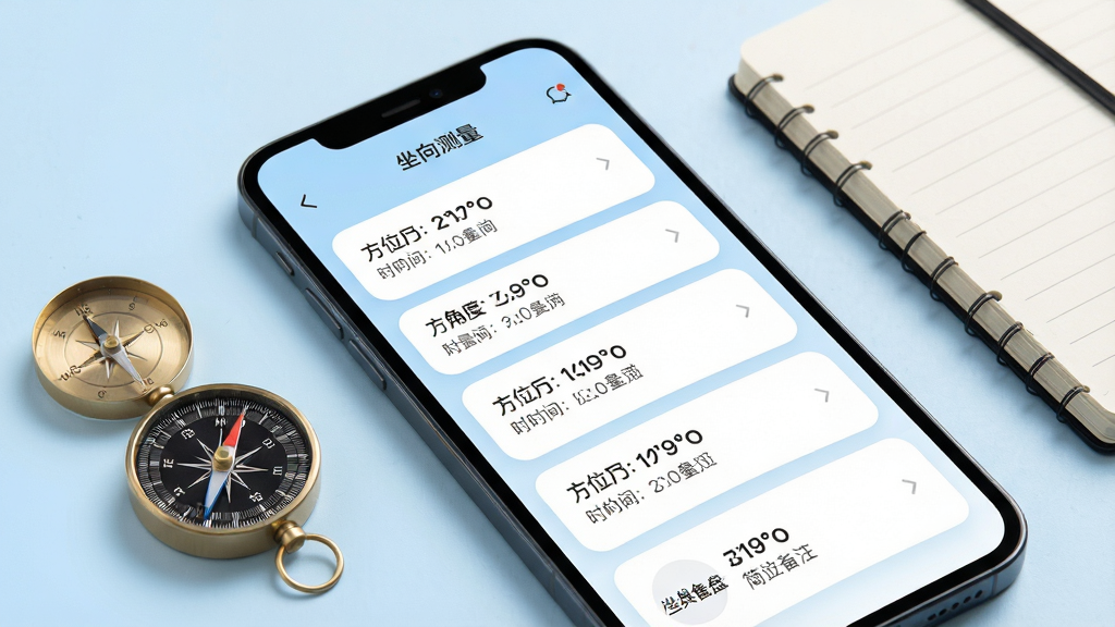 一张三合罗盘应用的数据记录界面图,主体为手机屏幕显示坐向测量记录列表,每条记录包含方位角度、时间与简短备注,列表采用卡片式布局排列整齐,背景为柔和浅蓝色渐变,手机旁放置一个小型指南针与笔记本,风格为清爽实用的工具类界面展示,细节上文字清晰、卡片圆角柔和,画质高清,画面干净无杂乱元素