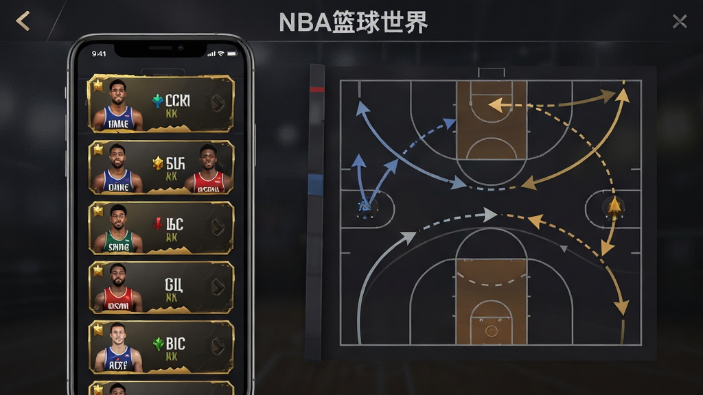 篮球游戏战术板与阵容搭配界面概念图,画面左侧为一块竖屏手机界面,显示五名球员卡片纵向排列,卡片上标注球员姓名与位置缩写,右侧为半场战术示意图,用箭头与虚线标示跑位路线,界面背景为深色磨砂质感,球员卡片带有金色边框与稀有度标识,画面顶部有“NBA篮球世界”字样,整体风格为游戏UI设计展示图,布局左右分栏,配色沉稳专业,画质细腻清晰,画面整洁无冗余装饰