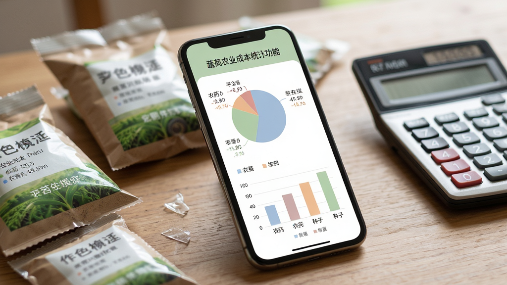 蔬芮农业成本统计功能界面图,手机屏幕显示饼状图和柱状图,图表配色柔和,标注有肥料、农药、种子等分类数据,手机放置在木质桌面上,旁边散落着几袋农资样品和计算器,自然光照明,写实摄影风格,画面焦点集中在手机屏幕内容上,背景适度虚化,画质清晰,画面干净,无杂乱元素