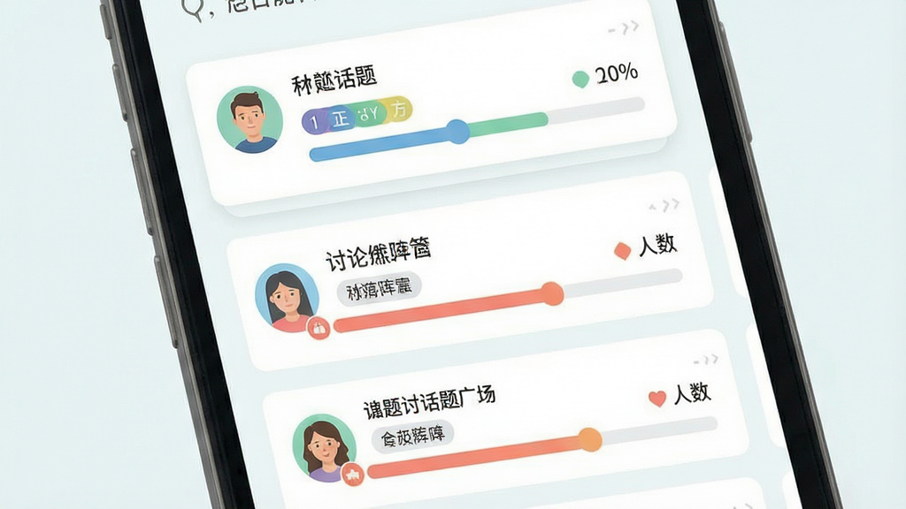 一张社区话题广场界面展示图,画面主体为手机屏幕中的话题卡片列表,每张卡片展示一个讨论话题与正反方人数比例条,布局为纵向滚动列表,排版整齐,风格为清新浅色系扁平UI,细节包含圆形头像、彩色阵营标签、比例进度条,画质高清干净无多余元素
