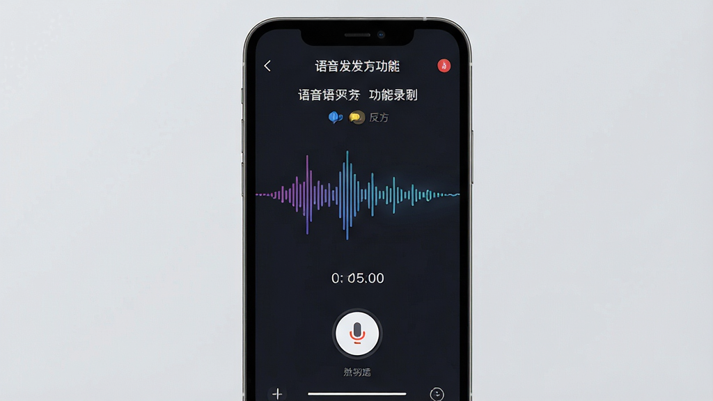 一张语音辩论功能界面展示图,画面主体为手机屏幕中的语音发言录制页面,布局为中央波形动画、底部按住说话按钮、上方话题标题,排版简洁,风格为深色科技感UI设计,细节包含声波动画、计时器、正反方标识,画质高清干净无多余元素