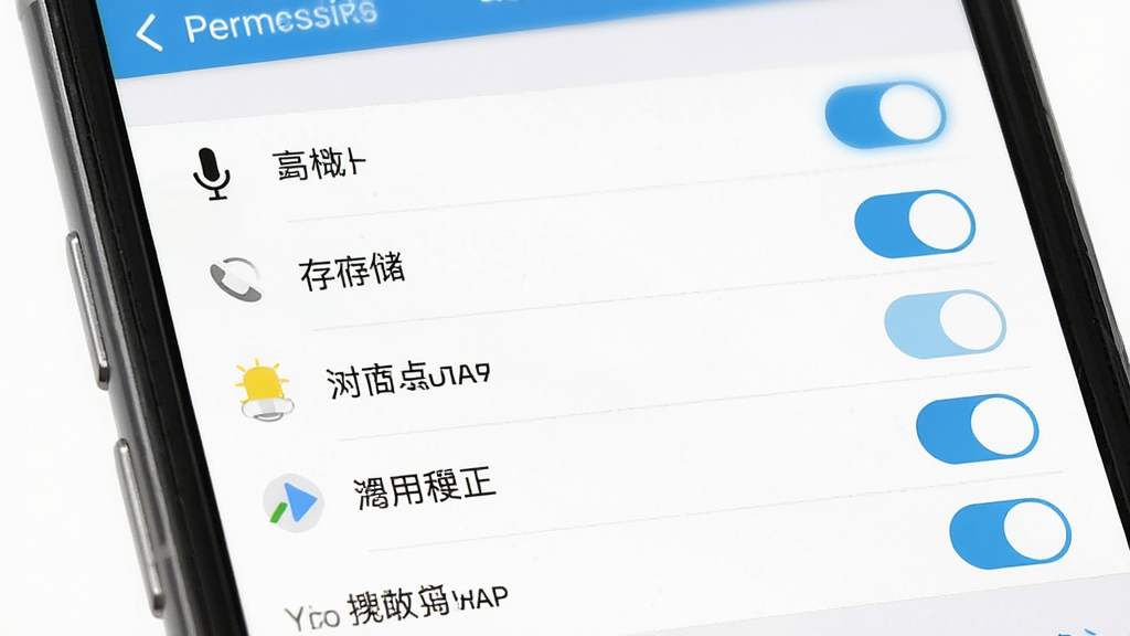 一张手机权限设置界面示意图,画面主体为手机屏幕中的应用权限管理页面,布局为权限列表与开关按钮,排版清晰,风格为系统原生设置界面风格,细节包含麦克风、存储、通知等权限项与高亮开关,画质高清干净无多余元素