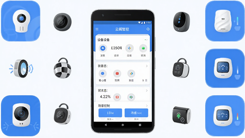 画面中央展示一部安卓手机,手机屏幕上呈现“云辑智控”应用主界面,界面中包含设备列表卡片、状态指示灯与场景控制按钮,手机周围环绕若干智能设备图标,采用扁平化科技风格,蓝白配色,布局简洁对称,细节清晰,画质干净高清,无多余元素