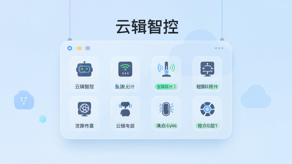 画面主体为一块悬浮的半透明控制面板,面板上排列多个智能设备图标与状态标签,面板上方写有“云辑智控”字样,背景为浅蓝色渐变,采用简洁的扁平插画风格,布局居中,细节干净,画质高清,无多余装饰元素