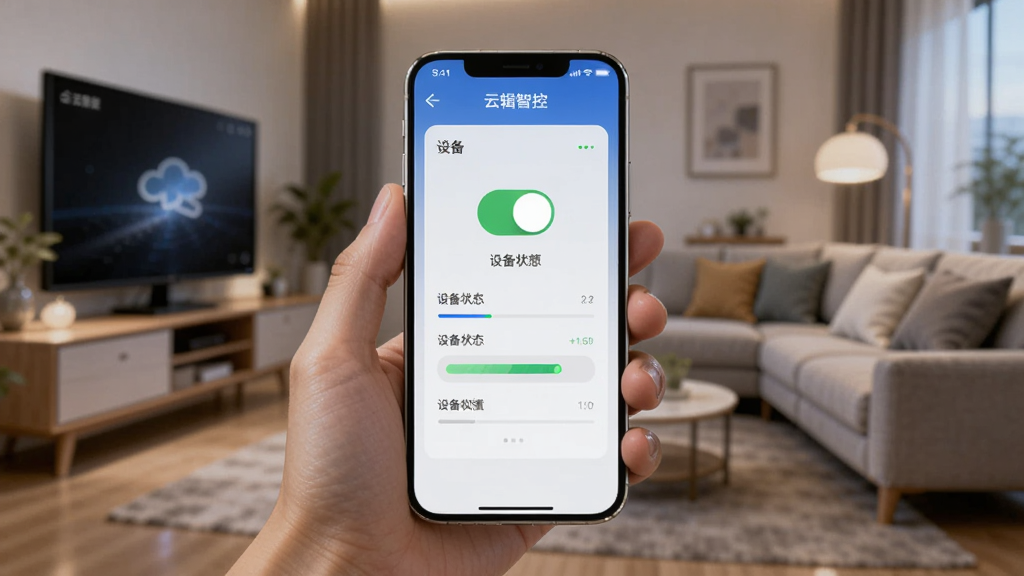 画面展示一只手握持手机,手机屏幕显示“云辑智控”远程控制界面,屏幕中有开关按钮与设备状态反馈条,背景为虚化的家庭客厅场景,风格写实偏科技感,构图以手机为视觉中心,细节清晰,画质干净,无杂乱元素