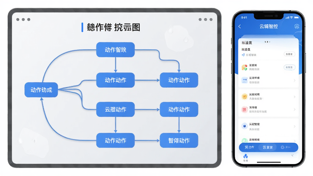 画面中央为一块流程示意图板,图板上用连线连接条件节点与动作节点,旁边放置手机展示“云辑智控”场景设置页面,整体采用信息图表风格,浅灰与蓝色搭配,布局规整,细节简洁,画质高清,无多余元素