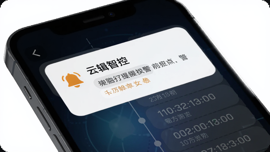画面展示手机屏幕弹出“云辑智控”告警提醒卡片,卡片旁有铃铛图标与时间轴记录列表,背景为深色科技感渐变,风格简洁现代,构图以手机与卡片为主体,细节清晰,画质干净,无多余元素