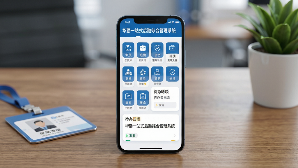 画面主体是一部智能手机,屏幕上展示华勤一站式后勤综合管理系统的主界面,界面包含后勤服务图标网格与待办事项卡片;手机放置在办公桌面上,旁边有工牌与绿植点缀;布局采用居中构图,手机占据画面视觉中心,背景虚化处理;风格为现代商务写实风,色彩以蓝白为主调;细节上屏幕反光自然,图标清晰可辨,桌面木纹质感真实;画质为高清精细渲染,画面干净整洁,无多余元素,屏幕中显示文字“华勤一站式后勤综合管理系统”。