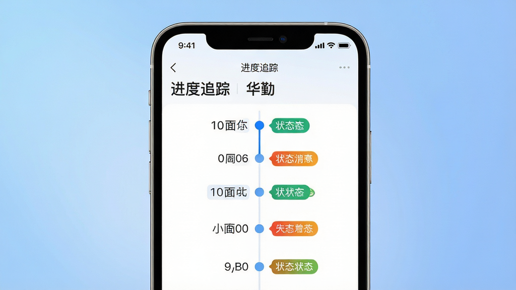 画面主体为手机屏幕特写,显示华勤一站式后勤综合管理系统的事项进度追踪界面,包含时间轴与状态标签;手机竖立放置,背景为柔和渐变蓝色;布局为屏幕居中特写;风格为现代UI展示风;细节上时间轴节点清晰,状态标签颜色区分明显,文字排版整齐;画质高清锐利,画面干净,屏幕中显示文字“进度追踪”。