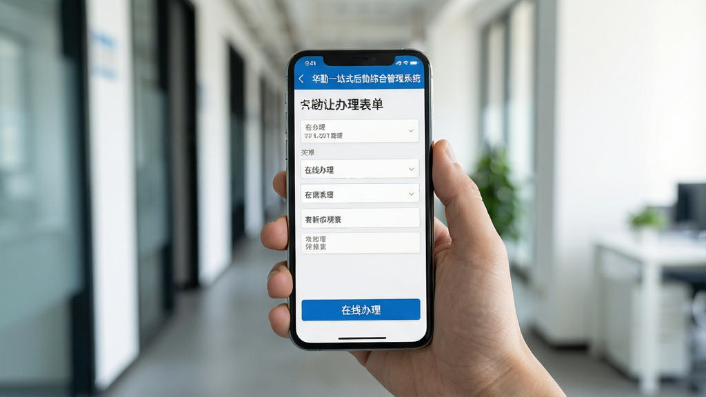画面主体是一只手握持手机,屏幕显示华勤一站式后勤综合管理系统的移动端办理表单页面;背景为办公园区走廊虚化场景;布局为第一人称视角,手机占据画面主要位置;风格为写实生活化风格,光线明亮自然;细节上手部动作自然,屏幕表单字段清晰,按钮醒目;画质高清,画面干净,屏幕中显示文字“在线办理”。
