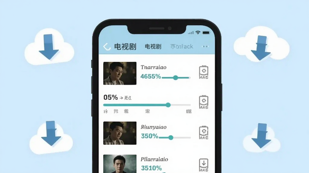 手机屏幕显示下载管理界面,剧集列表旁有下载进度条和已完成标记,手机周围有云朵和下载箭头图标,风格为简约扁平插画,布局为手机居中、图标点缀四周,细节包括进度百分比和缓存图标,画质干净无杂色,背景为浅蓝色,图片中文字标注“电视剧”