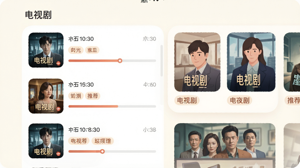 手机界面展示观看历史列表,每条记录带有剧集封面和进度条,旁边有推荐剧集卡片,风格为柔和圆角扁平插画,布局为上下分层结构,细节包括时间戳和推荐标签,画质清晰柔和,背景为米白色,图片中文字标注“电视剧”