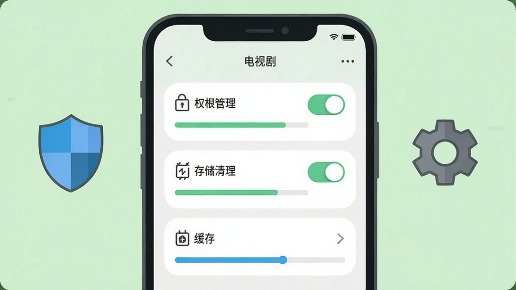 手机屏幕显示设置界面,包含权限管理、存储清理和缓存选项,旁边有盾牌图标和齿轮图标,风格为简约扁平插画,布局为手机居中、图标左右分布,细节包括开关按钮和进度条,画质干净清晰,背景为浅绿色,图片中文字标注“电视剧”
