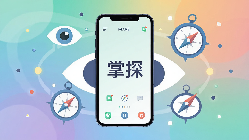 画面中央放置一部智能手机,手机屏幕显示简洁的探索类应用界面,界面中有“掌探”字样,手机周围环绕着抽象的视觉元素如眼睛、指南针、光点,整体布局居中对称,风格为现代扁平化插画,细节包含柔和的渐变背景与清晰的图标线条,画质清晰锐利,画面干净无多余元素