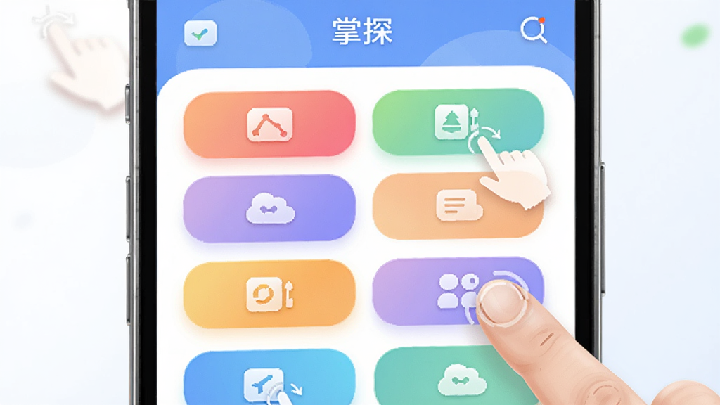 手机屏幕显示“掌探”应用的分类标签界面,标签以彩色圆角矩形排列,旁边有手指点击的动作示意,布局为手机居中特写,风格为清新明快的UI展示插画,细节包含柔和的色彩过渡与清晰的图标设计,画质精细,画面干净无多余元素