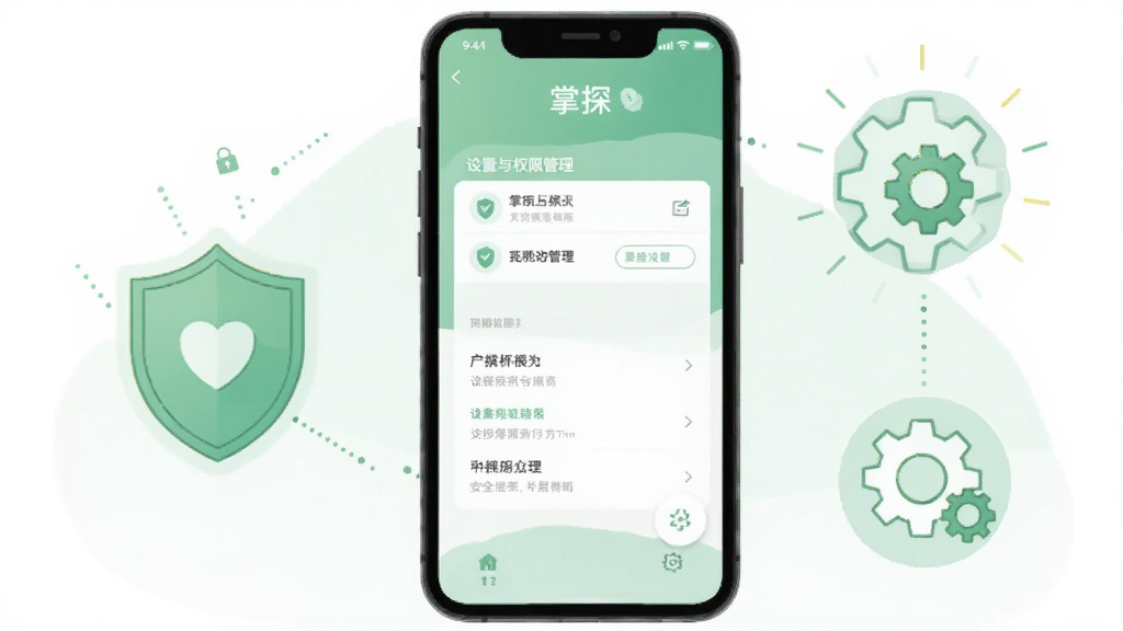 一部手机屏幕显示“掌探”应用的设置与权限管理界面,旁边有盾牌与齿轮图标象征安全设置,布局为手机居中、图标环绕,风格为简洁的安全提示插画,细节包含柔和的绿色调与清晰的界面元素,画质清晰,画面干净无多余装饰
