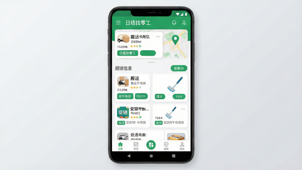手机应用界面展示,主体是一部竖屏安卓手机,屏幕内呈现“日结找零工”应用首页,顶部显示附近岗位列表与地图定位图标,中部为卡片式招工信息流,包含搬运、保洁、促销等岗位条目,底部为导航栏;布局居中对称,背景为浅灰渐变,风格清爽现代、扁平化UI设计,细节包含圆角卡片、绿色强调色按钮、简洁图标,画质高清、干净、无多余元素