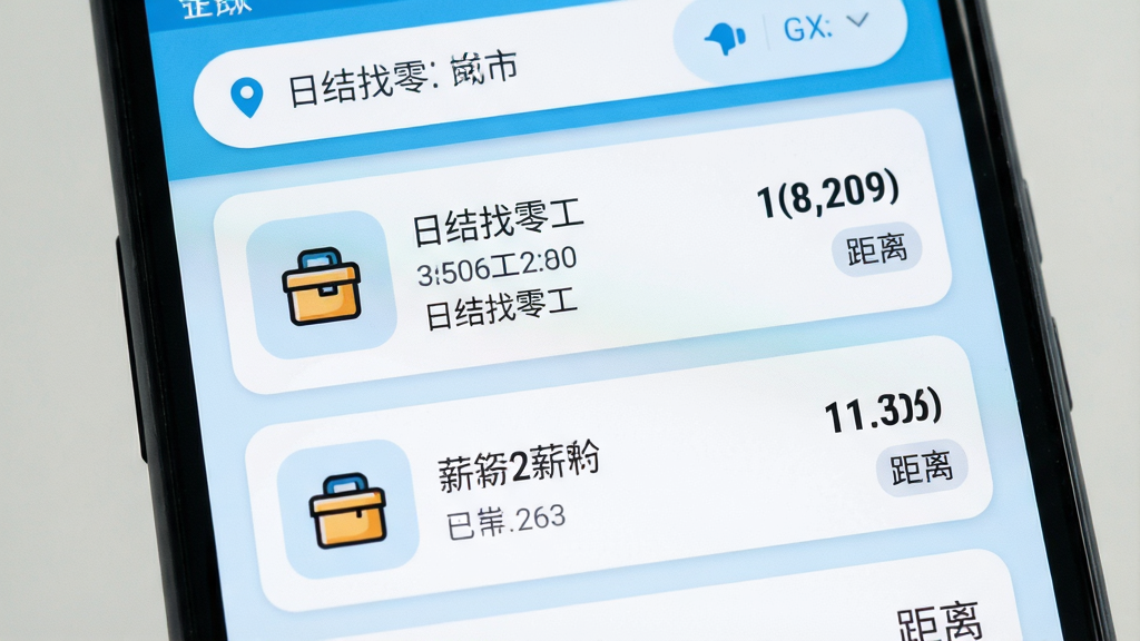 安卓手机屏幕特写,画面主体为“日结找零工”附近岗位列表页,多张岗位卡片纵向排列,每张卡片左侧为工种图标、右侧为薪资数字与距离标签,顶部有定位城市切换栏;布局为上下结构,风格简约商务,细节包含浅蓝底色、白色卡片、圆角边框,画质清晰、干净、无多余元素