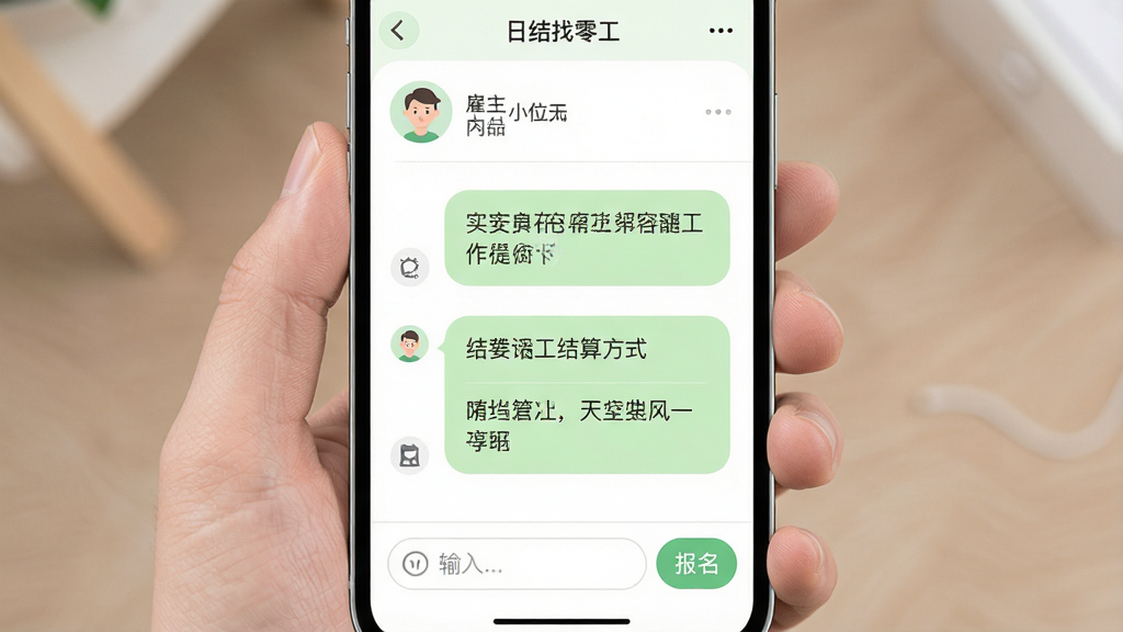 手机应用聊天界面示意图,主体为“日结找零工”应用内沟通页面,上方显示雇主头像与岗位名称,中间为对话气泡展示工作内容与结算方式,底部为输入框与报名按钮;布局清晰纵向排列,风格柔和圆角,细节包含浅绿气泡、白色背景、简洁图标,画质高清、干净、无多余元素