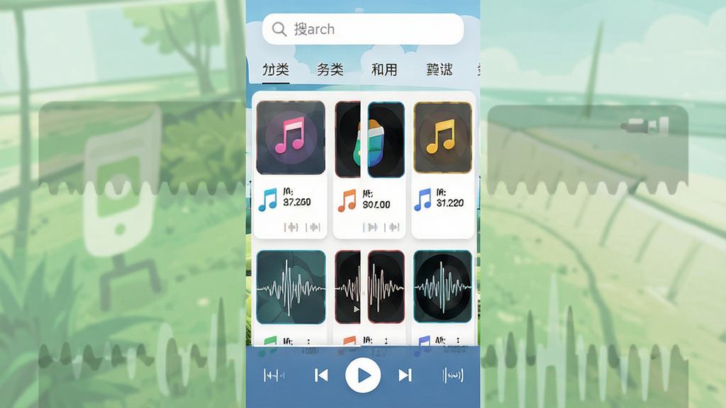 手机铃声免费版应用主界面展示,居中布局,顶部为搜索栏与分类标签,中部为铃声列表卡片式排版,底部为播放控制条,风格清爽扁平化,细节包含音符图标与裁剪波形示意,画质清晰干净无多余元素