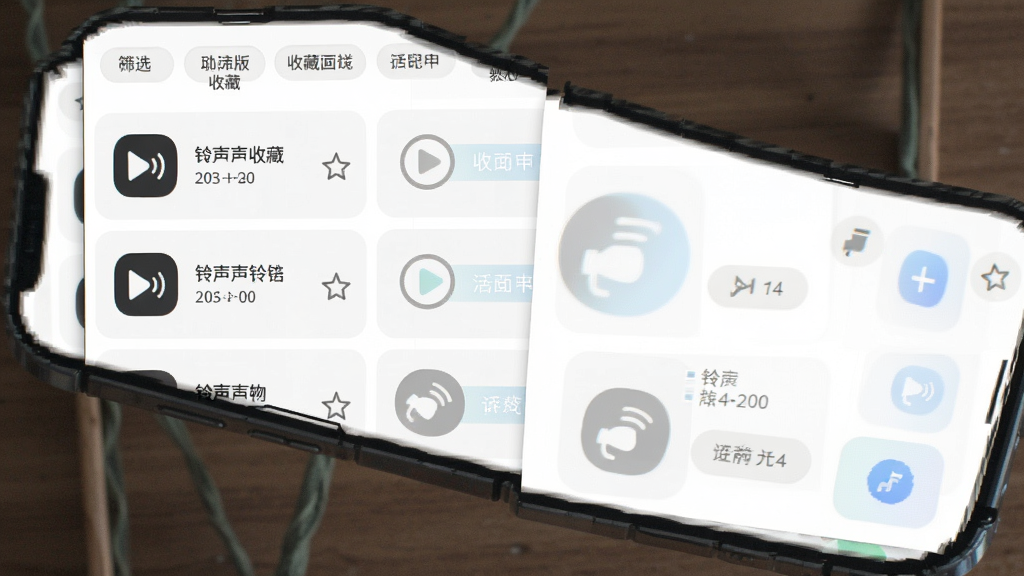 手机铃声免费版收藏管理页面,主体为纵向排列的铃声卡片列表,每张卡片左侧为音频图标右侧为铃声名称与时长,顶部有筛选标签,布局规整留白充足,风格清新浅色调,细节包含星标收藏标记与操作按钮,画质清晰干净无多余元素