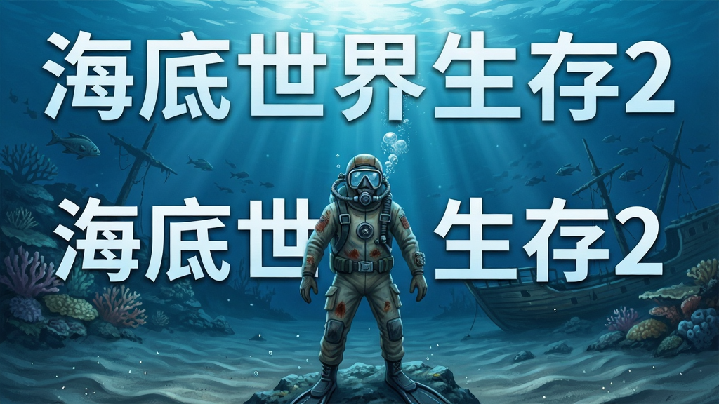 一幅深海生存场景插画,画面中央是一位身穿简易潜水装备的幸存者,站在海底礁石上,周围是幽蓝色的海水与光束穿透海面照射下来,背景中有珊瑚礁、沉船残骸与远处游动的鱼群,布局上人物位于画面中下部,上方留出海水与光线的空间,排版为横版构图,风格为写实数字绘画,细节包括潜水服上的磨损痕迹、气泡上升、海底沙纹与漂浮微粒,画质高清,干净无多余元素,画面中打文字“海底世界生存2”