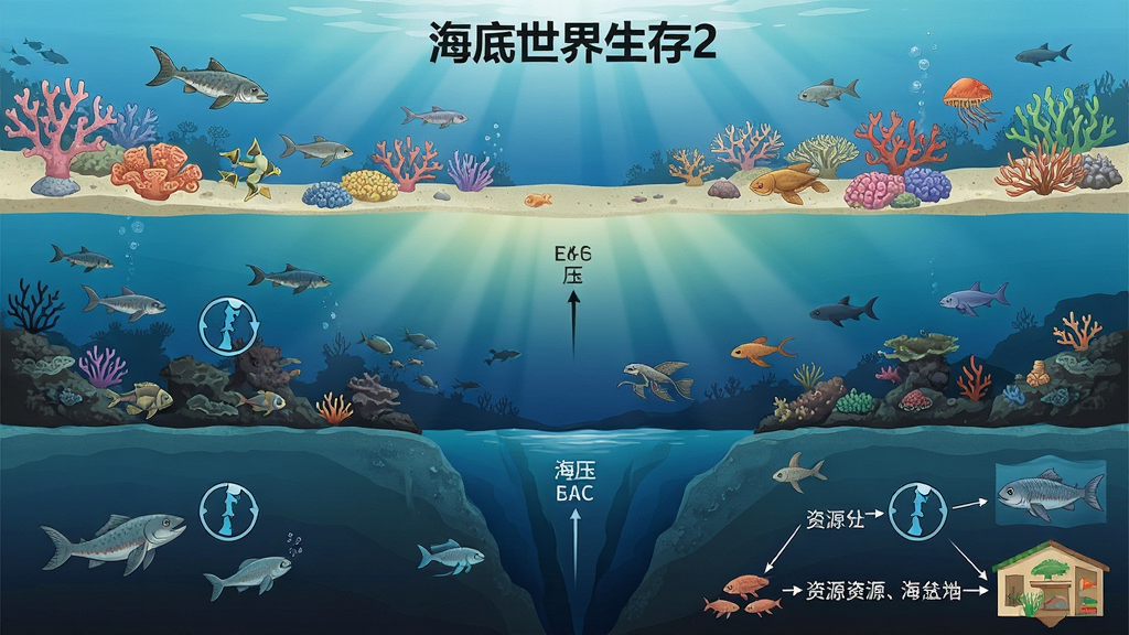 一幅多层海底环境剖面图,画面从上到下依次展示浅海珊瑚区、中层暗礁区与深渊海沟,布局为竖向分层构图,风格为科普插画风格,细节包括各层代表生物、光照渐变、水压标识与资源分布示意,画质清晰,干净无多余元素,画面中打文字“海底世界生存2”