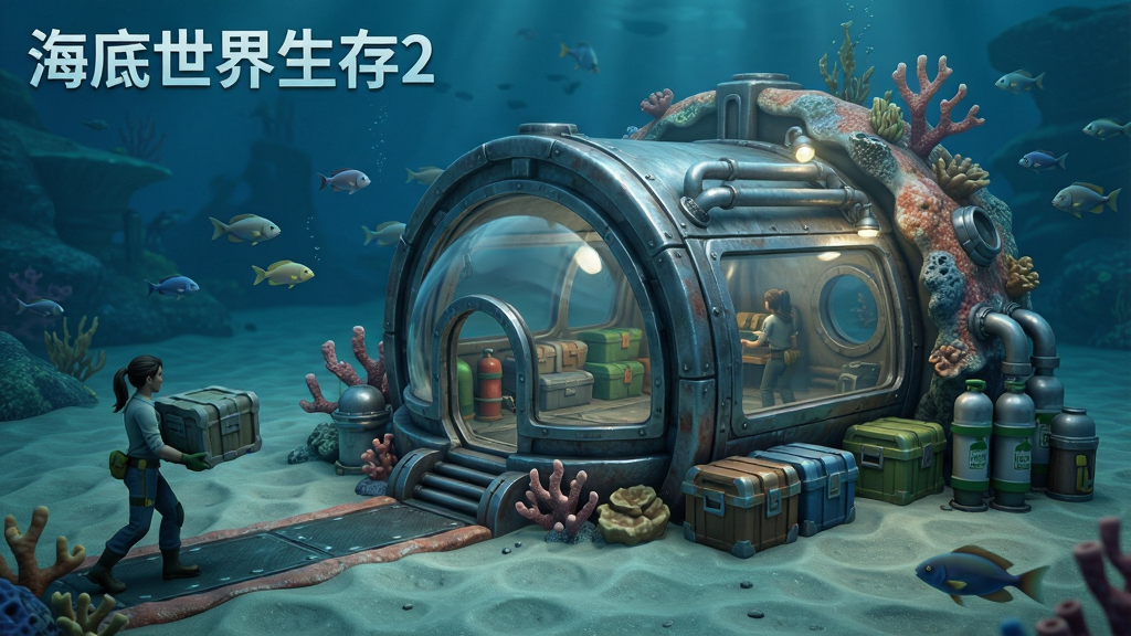 一幅海底基地建造场景图,画面展示一座由金属与珊瑚材料搭建的半圆形海底庇护所,布局上基地位于画面中央偏右,左侧有玩家角色搬运材料,风格为写实游戏概念图,细节包括透明观察窗、氧气管道、储物箱、照明灯具与周围游动的小鱼,画质高清,干净无多余元素,画面中打文字“海底世界生存2”