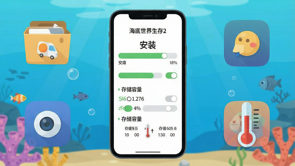 一幅手机游戏安装与运行检查示意图,画面展示一部智能手机屏幕上的安装进度条与权限设置界面,布局为手机居中、周围环绕存储空间图标、后台应用图标与温度计图标,风格为扁平化信息图风格,细节包括进度百分比、权限开关状态、存储容量数字与温度刻度,画质清晰,干净无多余元素,画面中打文字“海底世界生存2”