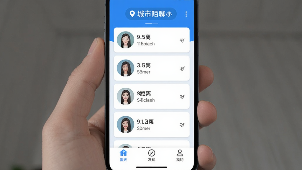 手机屏幕中央展示附近陌聊应用主界面,顶部显示城市定位标签,中部为纵向排列的用户卡片列表,每张卡片含头像与距离数值,底部为聊天、发现、我的三个导航图标,整体采用蓝白配色,扁平化UI风格,界面干净整洁,画质清晰,无多余装饰元素