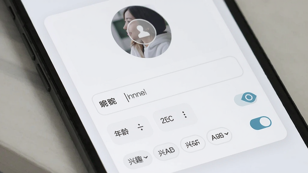 手机界面展示个人资料编辑页,包含圆形头像上传区域、昵称输入框、年龄选择器、兴趣标签多选按钮,右侧有可见性开关图标,整体浅色背景,卡片式布局,风格清爽,画质干净