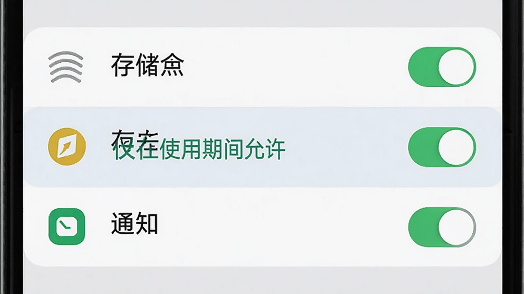 手机屏幕显示权限管理设置页面,定位、存储、通知三项权限开关并列,其中定位权限高亮标注“仅在使用期间允许”,背景为系统设置界面风格,浅灰底色,图标清晰,画质干净