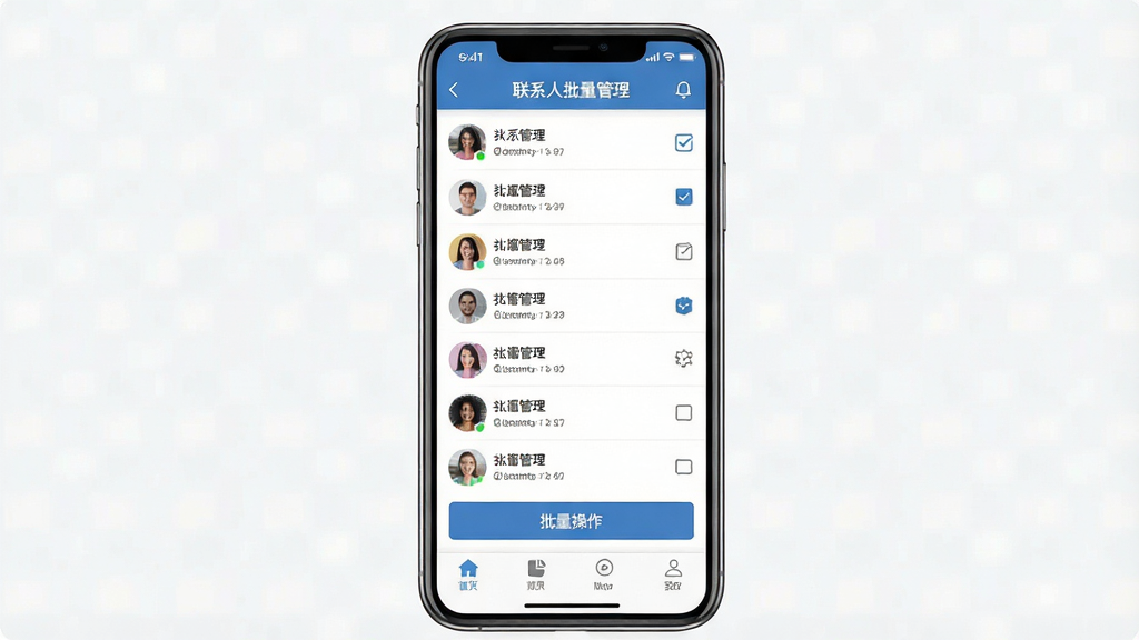 一张展示“联系人批量管理”软件主界面的手机屏幕截图,画面中央为手机模型,屏幕内显示联系人列表与批量操作按钮,布局简洁清晰,排版采用上下结构,风格为现代扁平化设计,细节包含勾选框、功能图标与底部导航栏,画质高清,背景干净无多余元素