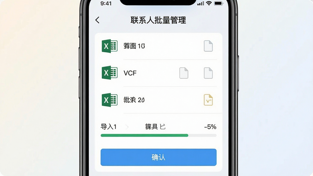 一张展示“联系人批量管理”软件批量导入功能的界面图,画面主体为手机屏幕,屏幕内显示文件选择列表与导入进度条,布局为居中对齐,排版清晰有序,风格为简约科技感,细节包含Excel图标、VCF文件标识与确认按钮,画质干净高清,背景为浅色渐变