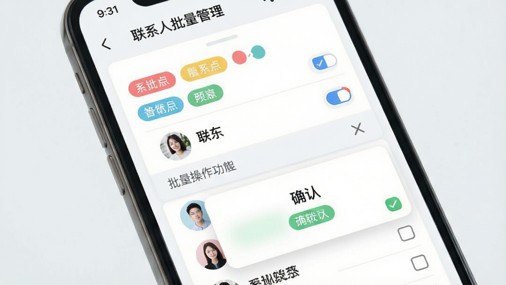 一张展示“联系人批量管理”软件分组管理功能的界面图,画面为手机屏幕特写,屏幕内显示分组标签列表与联系人勾选状态,布局采用卡片式排列,排版层次分明,风格为清新浅色系,细节包含彩色分组标签、批量操作栏与确认弹窗,画质清晰干净,背景简洁