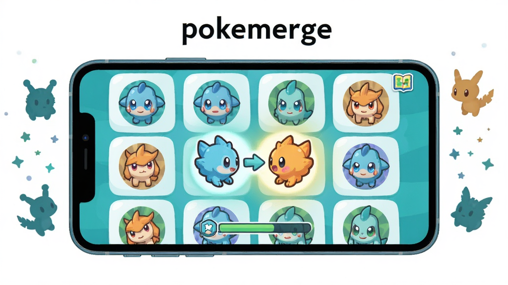 主体为一部横向摆放的智能手机,屏幕中央展示pokemerge游戏界面,多个圆润可爱的精灵图标排列在网格中,其中两个相同精灵正在合并并发出柔和光效;布局采用居中构图,手机两侧点缀漂浮的精灵剪影与星星粒子;排版简洁,上方留白放置软件名“pokemerge”;风格为明亮卡通扁平插画,色彩以蓝绿橙为主;细节包含合并箭头、进度条、图鉴小图标;画质清晰干净,无多余元素