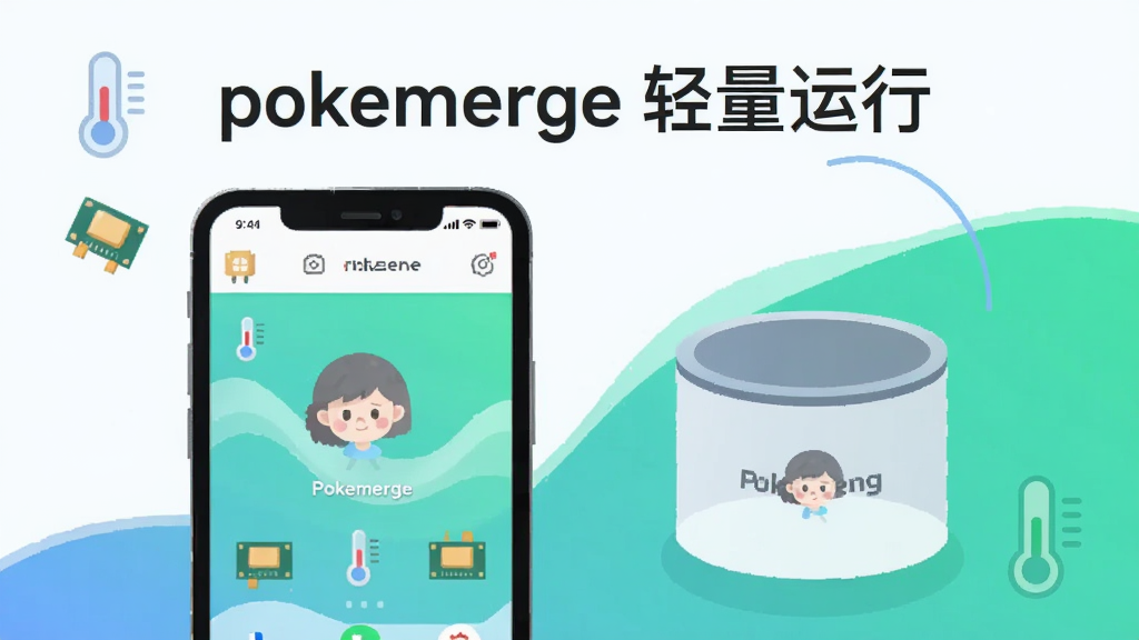 主体为一部手机与一个代表存储空间的圆柱体并排展示,手机上显示pokemerge运行界面,圆柱体显示占用空间很小;布局为左右并列;排版上方写“pokemerge 轻量运行”;风格为科技简约扁平风;细节包含内存条图标、温度计图标、流畅曲线;画质干净清爽,无杂乱元素