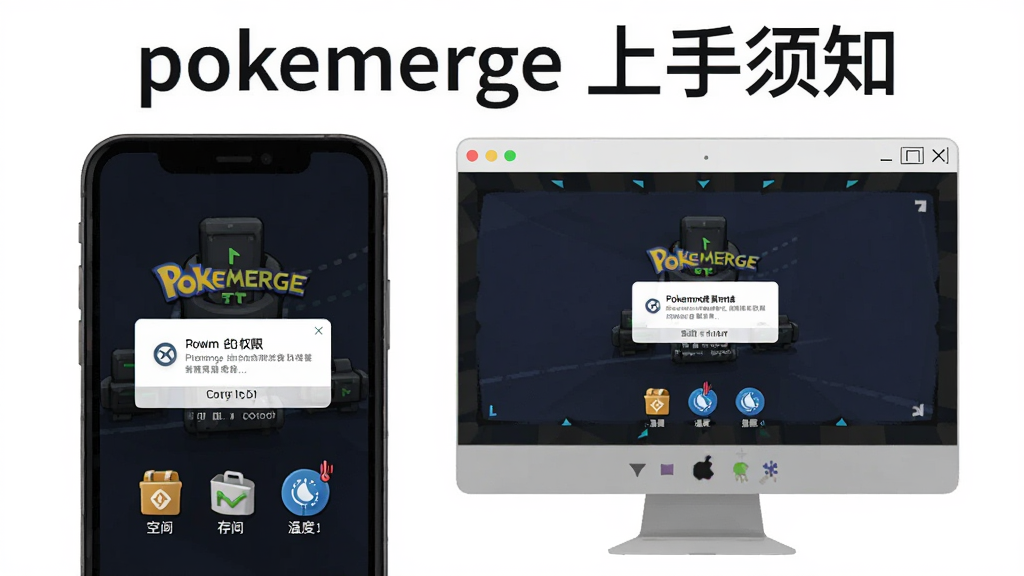 主体为一部手机屏幕显示pokemerge启动画面,旁边放置一个模拟器窗口示意电脑端运行;布局为手机与电脑屏幕左右呼应;排版上方写“pokemerge 上手须知”;风格为简洁说明性插画;细节包含权限弹窗、存储空间图标、温度提示符号;画质清晰干净,无多余元素