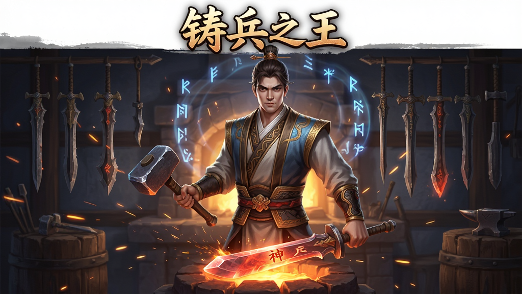 主体是一位身穿古风锻造师服饰的男性角色站在熔炉前手持铁锤,布局采用居中构图人物占据画面中央,排版上方留白放置游戏名称,风格为东方玄幻写实插画,细节包括飞溅的火星、发红的神兵胚料、背景悬挂的各式兵器与符文光效,画质高清干净,无多余元素,图片中打文字“铸兵之王”