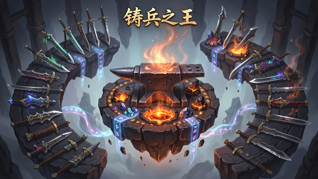 主体是一座悬浮在空中的巨型锻造台,布局为锻造台位于画面中心四周环绕不同品阶的刀剑兵器,排版采用对称式构图,风格为东方玄幻游戏场景概念图,细节包括流转的符文光带、矿石堆、熔岩池与升腾的热气,画质精细干净,无多余元素,图片中打文字“铸兵之王”