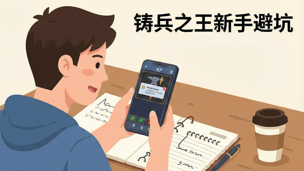 主体是一位新手玩家坐在桌前手持手机查看游戏攻略,布局为人物侧身位于画面左侧手机屏幕朝向观者,排版采用生活化场景构图,风格为扁平插画,细节包括桌上散落的笔记、咖啡杯、屏幕内显示锻造界面与提示弹窗,画质清晰干净,无多余元素,图片中打文字“铸兵之王新手避坑”
