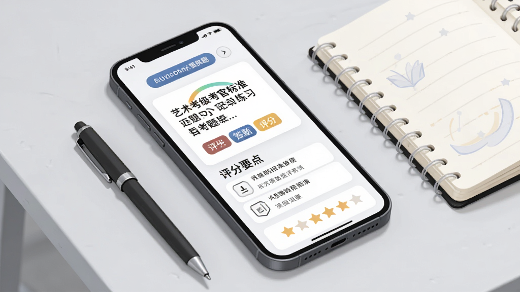 艺术考级考官标准题库随机抽题练习功能展示,主体为手机屏幕内呈现一道考级题目卡片与评分要点列表,布局为手机斜放在浅灰桌面,旁边放着一支笔和一本翻开的笔记本,排版突出题目卡片与评分标签,风格为现代简约插画,细节包括随机抽题按钮、答题进度环与星级评分图标,画质清晰,画面干净,无多余元素