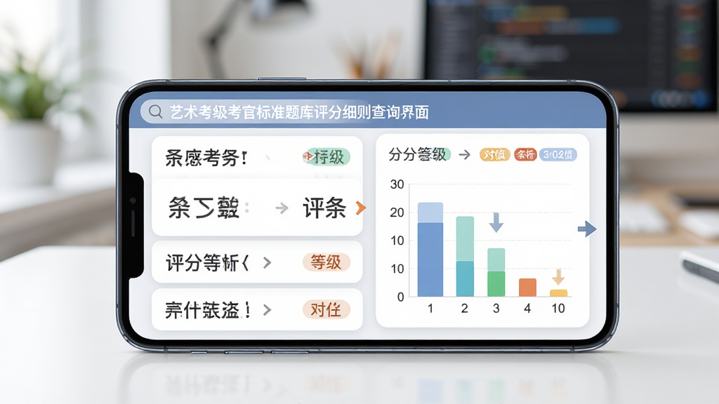 艺术考级考官标准题库评分细则对照查询界面,主体为手机屏幕展示评分细则条目列表与分值分布图,布局为手机正面放置于白色桌面,背景虚化处理,排版突出条目卡片与分值条形图,风格为清爽商务插画,细节包括搜索框、评分等级标签与对照箭头,画质高清,画面干净,无多余元素