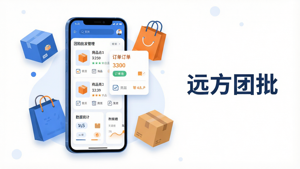 画面主体为一部竖屏安卓手机,手机屏幕内展示团购批发管理界面,包含商品列表、订单卡片与数据统计模块,手机周围环绕悬浮的商品包装盒、购物袋与配送纸箱,布局采用中心构图,手机居中偏左,右侧留白放置简洁的文字标题“远方团批”,排版清晰层级分明,风格为现代扁平化科技插画,配色以蓝白为主辅以橙色点缀,细节包含圆角卡片、线性图标与柔和投影,画质为高清2K,画面干净无多余元素