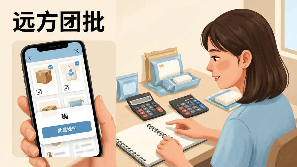 画面主体为一名年轻女性坐在桌前使用手机操作商品管理界面,手机屏幕中显示多个商品卡片被勾选并弹出批量操作按钮,桌面摆放着笔记本、计算器与几件包装好的日用品,布局为三分法构图,人物位于画面右侧三分之一处,左侧展示手机屏幕特写,排版上方留出标题区域写“远方团批”,风格为温暖写实插画,配色以米白与浅蓝为主,细节包含商品缩略图、勾选框与确认弹窗,画质高清,画面干净无多余元素