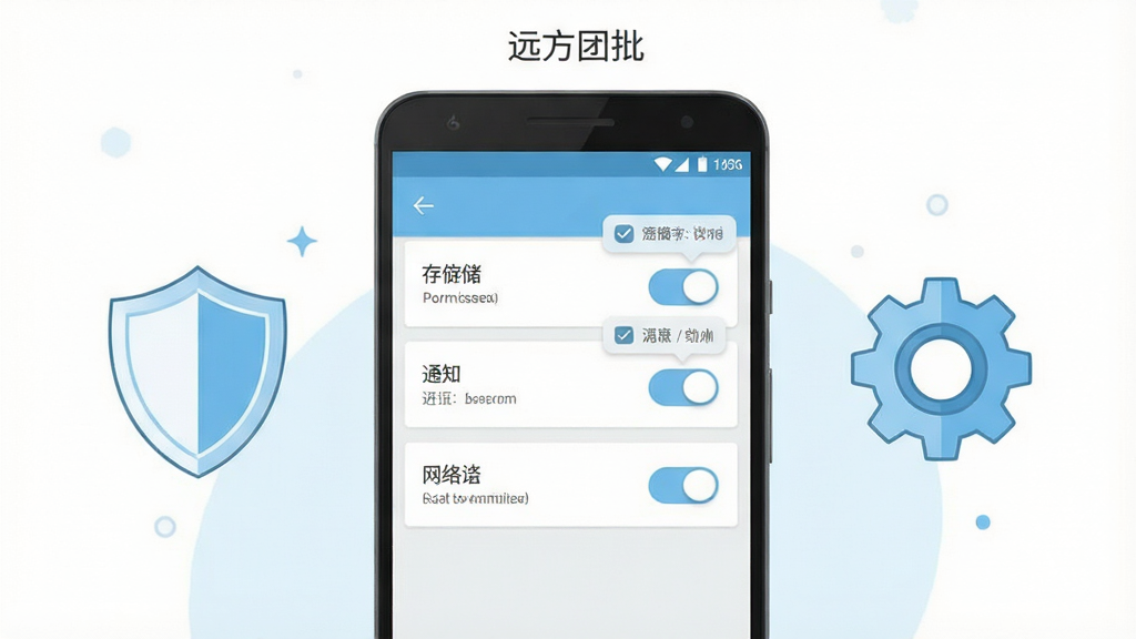 画面主体为一部安卓手机屏幕显示应用权限设置页面,页面中列出存储、通知与网络权限开关,手机旁边放置一个盾牌图标与齿轮图标,布局为左右对称构图,手机位于画面中央,两侧图标悬浮,排版顶部写“远方团批”小字标题,风格为清爽扁平插画,配色以浅蓝、白色与浅灰为主,细节包含权限开关滑块、提示气泡与勾选标记,画质高清,画面干净无多余元素