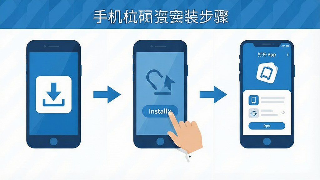 һ�ű�ƽ��������Ϣͼ������Ϊ�ֻ�Ӧ�ð�װ����ʾ�⣬�����Ϊ�����������еĲ������飬�ֱ�չʾ���ذ�װ���������װ��ť����Ӧ����ҳ�ļ�ͼ�곡������ɫ������Ϊ������������񣬲������룬ϸ�����������ʸɾ�����