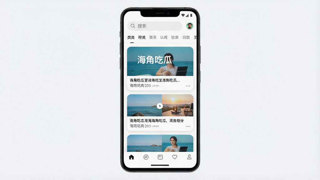 手机应用界面展示图,主体为一部竖屏安卓手机,屏幕内呈现资讯信息流列表布局,顶部有搜索栏与分类标签,中部为图文卡片排列,底部为导航栏,整体布局居中对齐,风格为清爽现代扁平化设计,细节包含圆角卡片、浅色背景、清晰图标,画面干净整洁无多余元素,高清画质,图片中显示文字“海角吃瓜”
