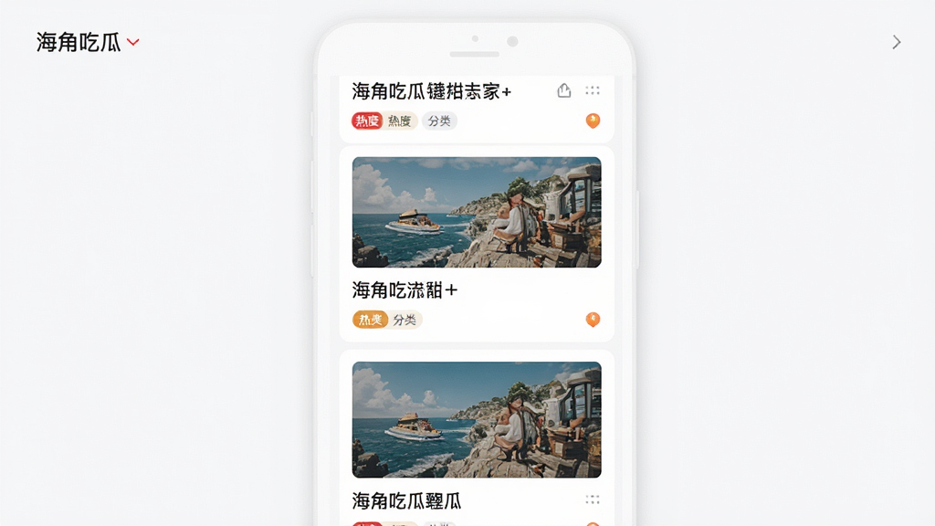 资讯聚合界面示意图,主体为信息流卡片列表,布局为上下排列的图文模块,排版整齐有序,风格为简约资讯类应用界面,细节包含热度标识、分类标签、缩略图与标题文字,画面干净清晰,画质高清,图片中显示文字“海角吃瓜”