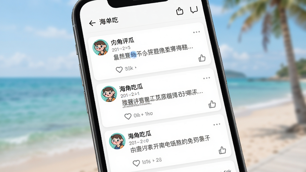 社区讨论界面示意图,主体为手机屏幕内的评论区列表,布局为逐条排列的评论卡片,排版清晰,风格为社交应用评论界面,细节包含用户头像、昵称、评论文字与点赞图标,画面干净整洁,画质高清,图片中显示文字“海角吃瓜”